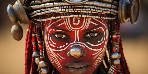 Fototapeta premium a woman with red face paint and silver beads