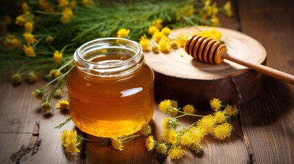 a jar of honey next to a wooden spoon
