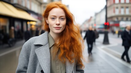 a woman with red hair and a grey coat