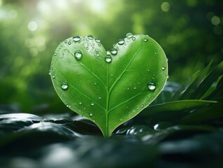 a heart shaped leaf with water drops on it