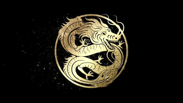 Chinese zodiac year of the Dragon astrological sign loop glittering gold particles symbolized fortune and prosperity. Icon with alpha channel ready for overlay. Asian and traditional culture concept