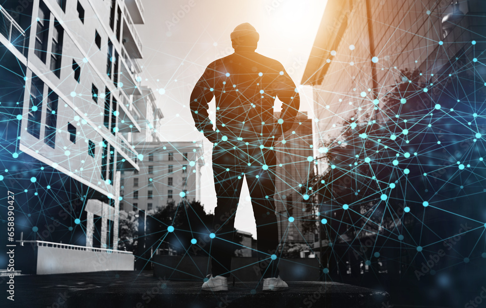 Poster man, city and digital transformation, technology innovation with data and cyber space, global networ