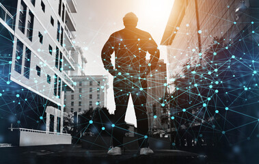 Man, city and digital transformation, technology innovation with data and cyber space, global network and software. Tech evolution, urban development and location with link, futuristic and 3D overlay