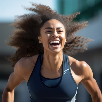 a woman running with her hair blowing in the wind