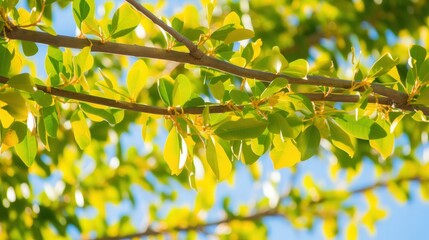 close up of a tree branch with green leaves