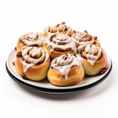 plate full of freshly iced cinnamon buns isolated on white generative ai