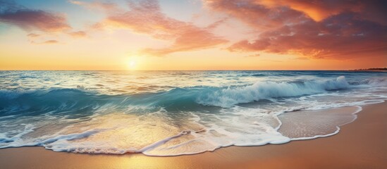 Gorgeous sunset over serene beach breathtaking summer landscape With copyspace for text - obrazy, fototapety, plakaty