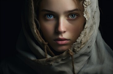 a woman with blue eyes and a hood - obrazy, fototapety, plakaty