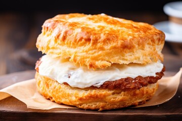a biscuit with cream cheese and jam - obrazy, fototapety, plakaty