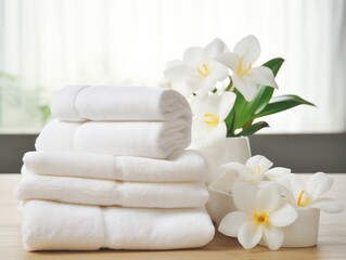 a stack of towels and flowers