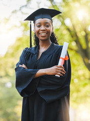 Graduate, diploma and portrait of black woman outdoor with arms crossed to celebrate success,...