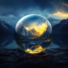 a glass ball with a reflection of a mountain and a lake