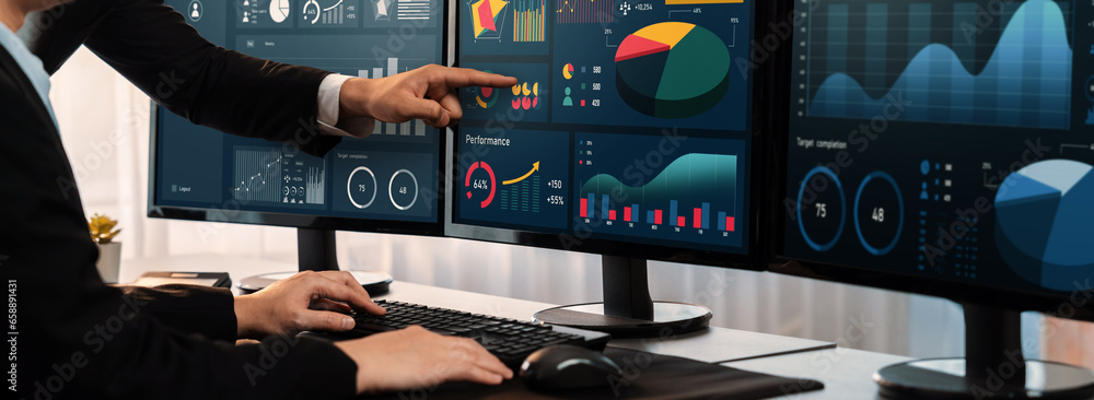 Poster analyst working on data analysis or bi dashboard on computer monitor. business team analyzing financ