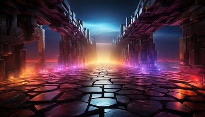 3D render of a hexagonal neon portal in a virtual reality environment with glowing lines in the pink blue yellow spectrum and vibrant colors - obrazy, fototapety, plakaty