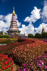 Two pagodas and flower gardens at Doi Inthanon mountain. - 658891494
