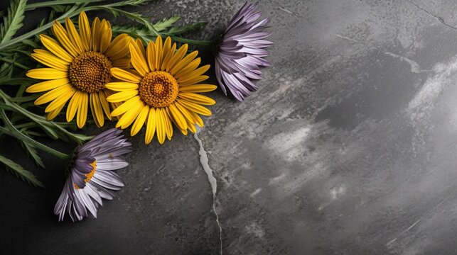 a group of yellow and purple flowers on a grey surface