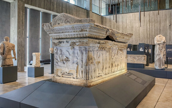 Troy museum. Polyxena sarcophagus. 26 September, 2022. Canakkale, Turkey
