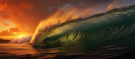 Enormous wave at green shore with stunning sunset light With copyspace for text