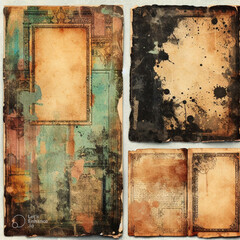 set / collection of three stained grungy vintage / antique paper sheets with ripped borders, retro book page backgrounds, textures or collage design elements, isolated over transparency generative AI 