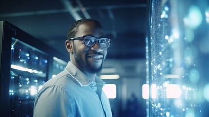 Data scientists work in a modern office of a technology company on the development of a quantum computer. Science, technology, big data and blockchain concept.