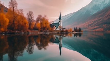 Panoramic view of the scenic landscape of the Church in the autumn time with perfect reflection Generative AI image.