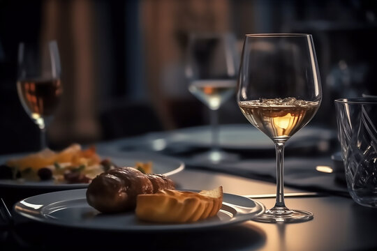 Illustration of close up view of Wine glass on a dinner table with shallow depth of field, Generative AI image.