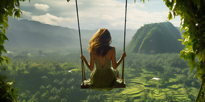 Beautiful girl enjoying freedom on long swing and forest, A Girl's Swing of Bliss