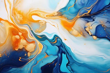 a blue and orange liquid with gold splatters