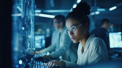 Data scientists work in a modern office of a technology company on the development of a quantum computer. Science, technology, big data and blockchain concept.