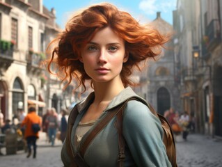 Fototapeta premium a woman with red hair and backpack