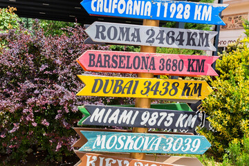 Symbolic road sign directing the distances to the world capitals. Travelling, tourism concept....