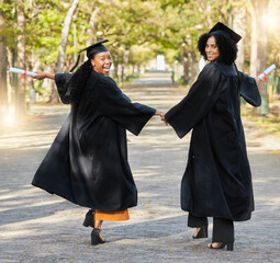 Graduate portrait, holding hands and happy friends celebrate learning success, education goals or...