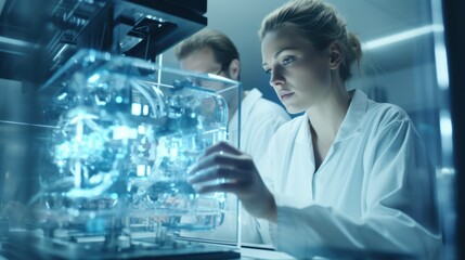 Fototapeta premium Data scientists work in a modern office of a technology company on the development of a quantum computer. Science, technology, big data and blockchain concept.
