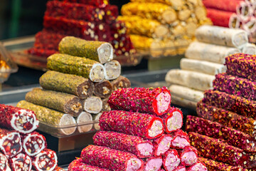 Set of multicolored turkish locum with nougat, nuts and barbery. Sweets and traditional oriental...