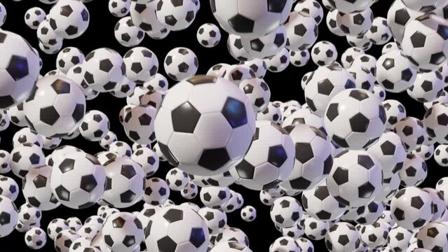Looped Video of Falling Soccer Balls with Alpha Channel. 3D rendering.