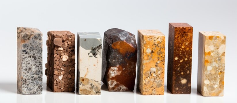 Geologists examine cardboard drill core samples with granite and quartz veins for gold mining With copyspace for text