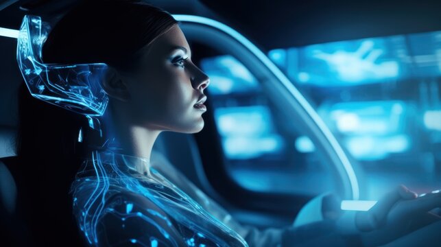 Abstract female robot rides in a self-driving car controlled by an artificial intelligence autopilot. Future technologies, internet of things and smart devices concept.