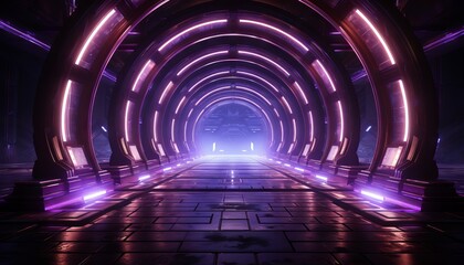 Ultraviolet neon light tunnel with hexagon frames and a hexagonal portal at the end