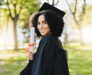 Graduation, portrait of woman and smile with diploma to celebrate event, education and college...