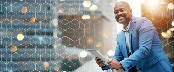Grid overlay, business man and portrait with tablet on patio for network and digital outdoor with mockup space. Working, African male professional smile and technology for website development job