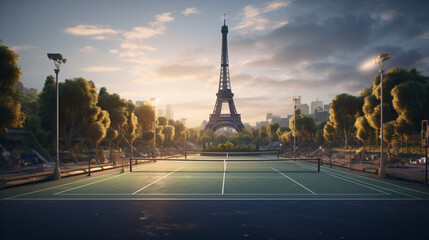 Fototapeta na wymiar The tennis court in front of the Eiffel Tower