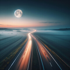 Aerial view of highway and full moon at night. Concept of fast driving. Generated by AI