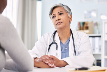 Medical, holding hands and doctor with woman in clinic for support. empathy or care. Checkup,...