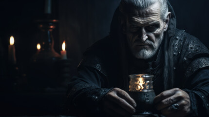 Obraz premium Evil wizard or alchemist making the witchcraft in a dark and scary dungeon. Halloween image.