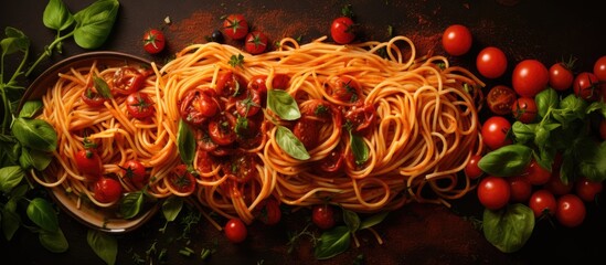 Closeup of hand using forks to pick up fresh spaghetti with tomato sauce viewed from above With copyspace for text