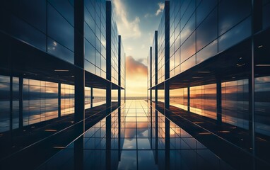 Perspective view of high-ris building and glass steel windows with reflection of sun and clouds. Futuristic architecture. Development, construction, technology, investment, financial business concept.