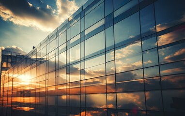 Close-up glass and steel facade. Modern architecture exterior with reflection of sun and clouds background. Development, construction, technology, investment, financial business concept. - obrazy, fototapety, plakaty
