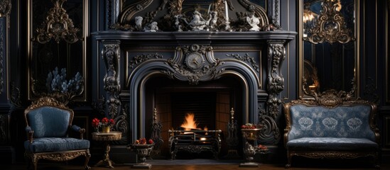 Opulent antique interior with aristocratic fireplace With copyspace for text - obrazy, fototapety, plakaty