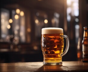 Cold glass of beer on wooden table in a bar