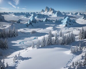 Fantasy winter mountain landscape with glaciers, snow mountains, and ice everywhere